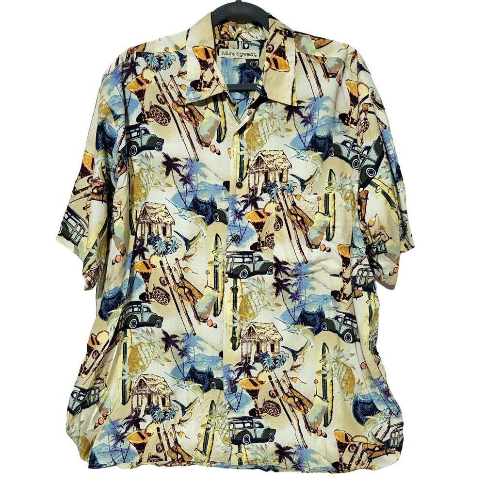 Munsingwear Hawaiian Aloha Shirt Woody Cars Fishing Surfboards Mens L XL